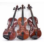 Three various old three-quarter size violins (3)