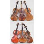 Five various three-quarter size violins and a half size violin; also a contemporary full size