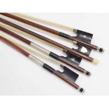 Silver mounted violin bow stamped Lefin; also three other various violin bows (4)