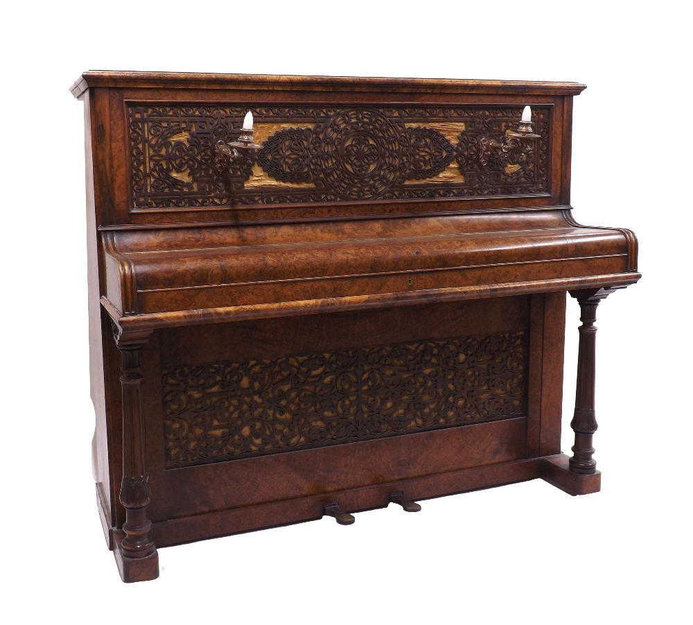 Upright piano by John Broadwood & Sons, London, 1873, the case of burr walnut with intricately