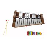 Contemporary Granton wooden framed glockenspiel, 23" wide; also a child's small xylophone and two