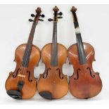 Three old three-quarter size violins (3)