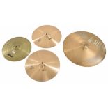 Paiste 404 medium hi hat cymbals, 15"; together with a Paiste 20014" crash cymbal and a Rogers White