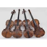 Four interesting 18th/early 19th century full size violins, all in need of restoration (4)