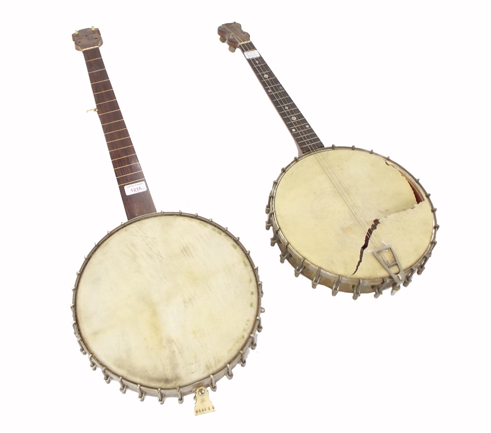 Five string banjo by and stamped T.W. Bacon, 26 Endell St, London, 11.5" skin; also a tenor banjo,