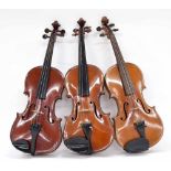 Three various old three-quarter size violins (3)