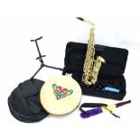 Eastar alto saxophone with case and stand; together with a Malachy Kearns bodhran drum, case (2)