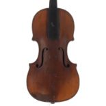 Mid 19th century English violin, the two piece back of plainish wood with similar wood to the