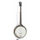 Andy Perkins 'Saga' five string banjo, with mother of pearl dot inlay to the fretboard, shaped