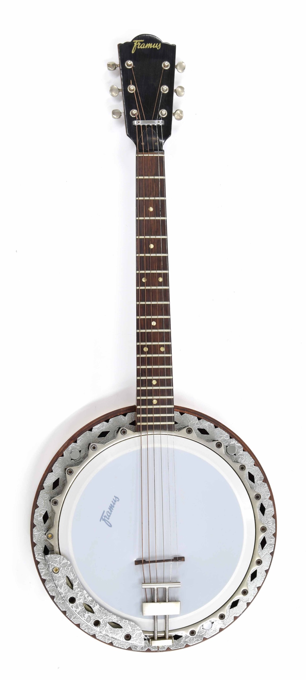 Framus six string banjo, with foliate engraved silvered mounts, mother of pearl dot inlay to the
