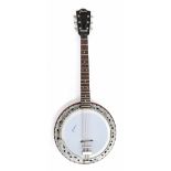 Framus six string banjo, with foliate engraved silvered mounts, mother of pearl dot inlay to the