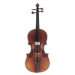 Three-quarter size violin, 13 3/16", 33.50cm; also another three-quarter size violin, 13", 33cm (2)