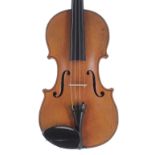 Interesting late 19th century violin, unlabelled, the two piece back of faint medium curl with