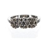 18ct white gold triple cluster diamond ring, round brilliant-cuts, head 7mm x 17mm, 5.5gm, ring size