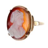18ct hardstone cameo ring depicting a profile of a lady, 18mm x 15mm, 3.4gm, ring size M/N