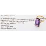 18ct amethyst single stone dress ring, claw set in a yellow gold split shoulder shank with bead