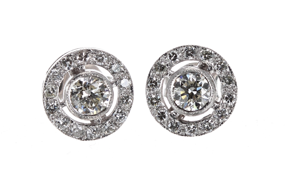 Pair of 18ct white gold diamond circular cluster earrings, 0.85ct approx, clarity SI-1, colour I/