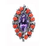 Attractive amethyst, coral and diamond marquise dress cluster ring, diamond set shoulders in a