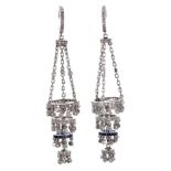 Fine pair of platinum, diamond and sapphire set chandelier drop earrings, estimated 2.10ct approx,