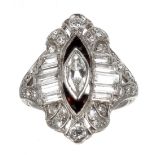 Fine Art Deco platinum diamond marquise cocktail ring, the central marquise set diamond 0.30ct