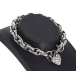 9ct white gold curb link bracelet with a stone set heart shaped clasp, 20.7gm