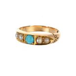 Victorian 18ct turquoise and pearl five stone ring, Birmingham 1893, band width 5.5mm, 3.6gm, ring