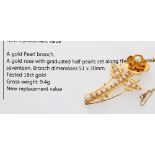 18k yellow gold pearl set rose brooch, with safety chain, 9.4gm, 51mm x 30mm ** with a copy of a