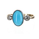 18ct oval turquoise cabouchon and diamond three stone ring, white gold rub-over set diamonds, each
