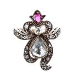 18ct ruby and diamond set bug ring, the principal pear shaped diamond 0.40ct approx, clarity SI,