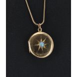 18ct circular opal set locket pendant on a slender 9ct snake chain, the pendant 21mm diameter, 7.