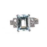 Art Deco style platinum aquamarine and diamond dress ring, the aquamarine 4.50ct in a stepped