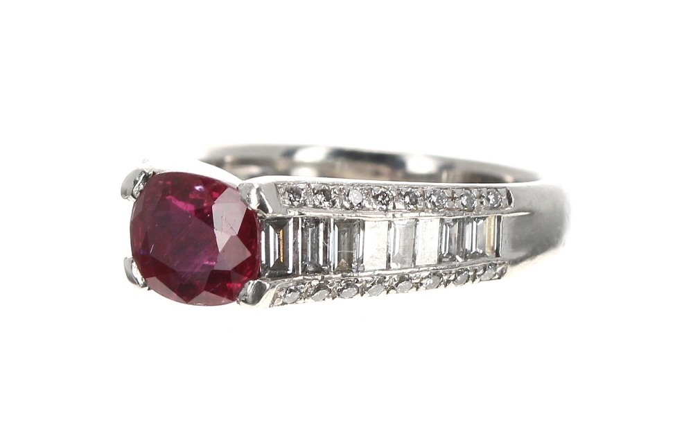 Good platinum and natural ruby ring with diamond set shoulders, the ruby 0.96ct approx, with eight - Image 2 of 3