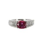 Good platinum and natural ruby ring with diamond set shoulders, the ruby 0.96ct approx, with eight