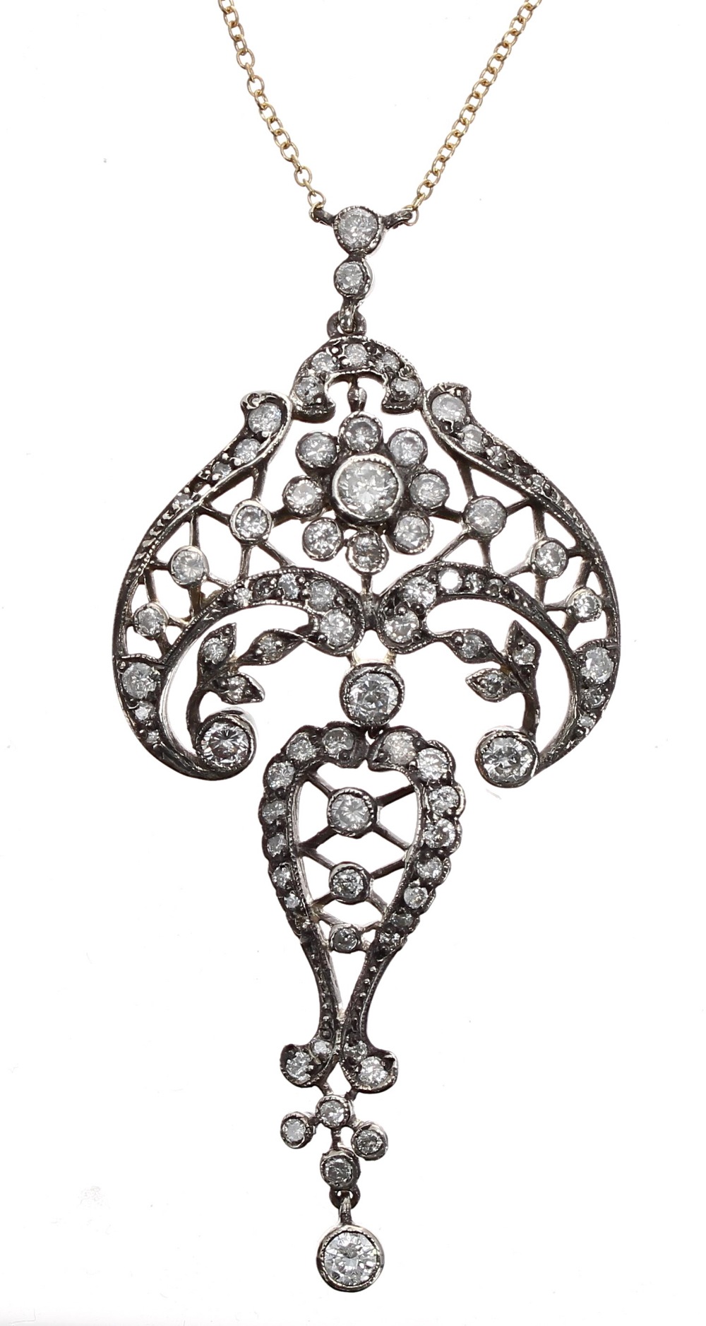 Victorian style ornate diamond scroll openwork pendant, set with round brilliant-cut diamonds,