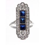 Good Art Deco natural sapphire and diamond set white gold dress cluster ring, of rectangular rounded