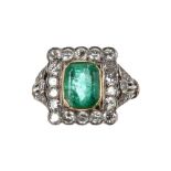 Good platinum emerald and diamond cluster ring, the cushion-cut emerald of good colour, 1.65ct