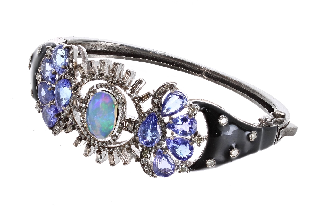 Attractive opal, tanzanite and enamel set silver and black enamelled bangle, oval facet opal in a - Image 2 of 2