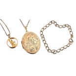 9ct oval engraved locket pendant on necklace, 14.2gm; 9ct curb bracelet, 7.3gm; also a 9ct box