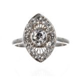 Platinum diamond set marquise shaped ring, the central brilliant-cut round diamond, 0.41ct approx,