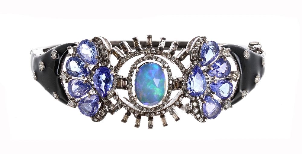 Attractive opal, tanzanite and enamel set silver and black enamelled bangle, oval facet opal in a