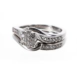 Modern 9ct white gold diamond bridal two piece ring, ring size J