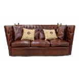 Good 'Leather Chairs of Bath' tan leather Knoll style button-back settee, with six assorted loose