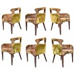 Set of six crushed velvet upholstered dining chairs, moss green, on square tapering legs, 2" wide,