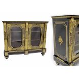 Good French Louis XV style ebonised Boulle work side cabinet, the white marble top over glazed