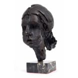 20th Century - sculptured bronze bust of a girl, upon a square veined marble plinth, signed