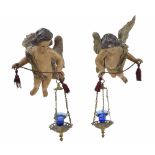 Rare pair of 18th century Spanish carved cherub hanging incense burners, each with modelled with