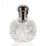 Victorian silver topped globular cut glass scent bottle, with a push-button action atomising top,