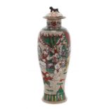 Chinese crackle glaze slender porcelain vase and cover, decorated with a battle scene, the cover