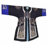 Good 20th century embroidered Chinese silk robe, the deep blue ground embellished with three
