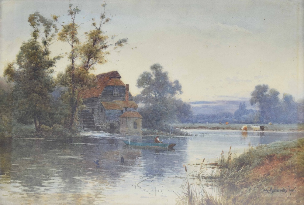 Alfred De Breanski Jnr (1877-1955) - River landscape in summer with a water mill, an angler